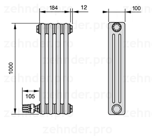 Схема (чертеж) Радиатор Zehnder Charleston 3100/4 №V003 Белый глянцевый RAL 9016